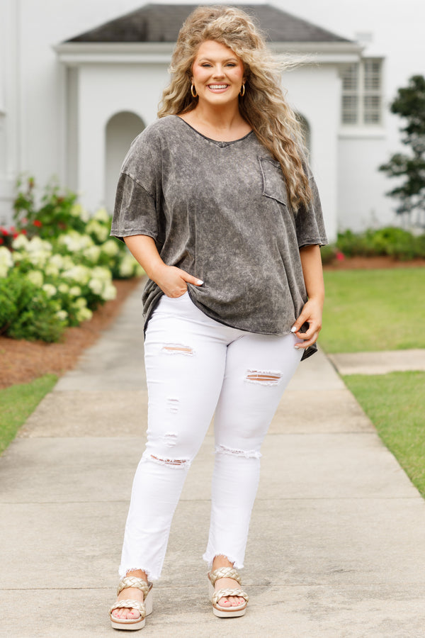 Chic Soul plus size clothing, ash black acid wash short sleeves top with a front pocket