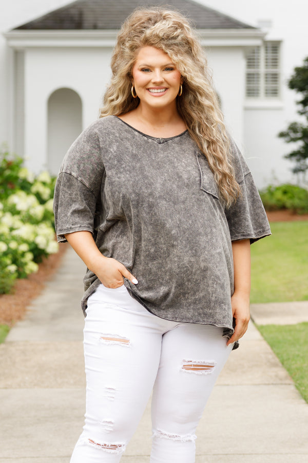 Chic Soul plus size clothing, ash black acid wash short sleeves top with a front pocket