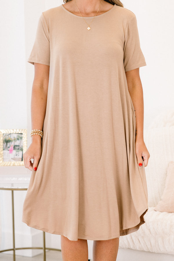 Chic Soul plus size clothing, ash mocha dress with curved hemline and pockets