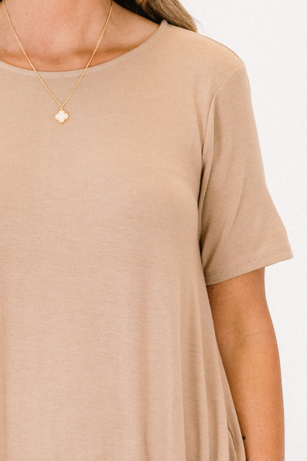 Chic Soul plus size clothing, ash mocha dress with curved hemline and pockets