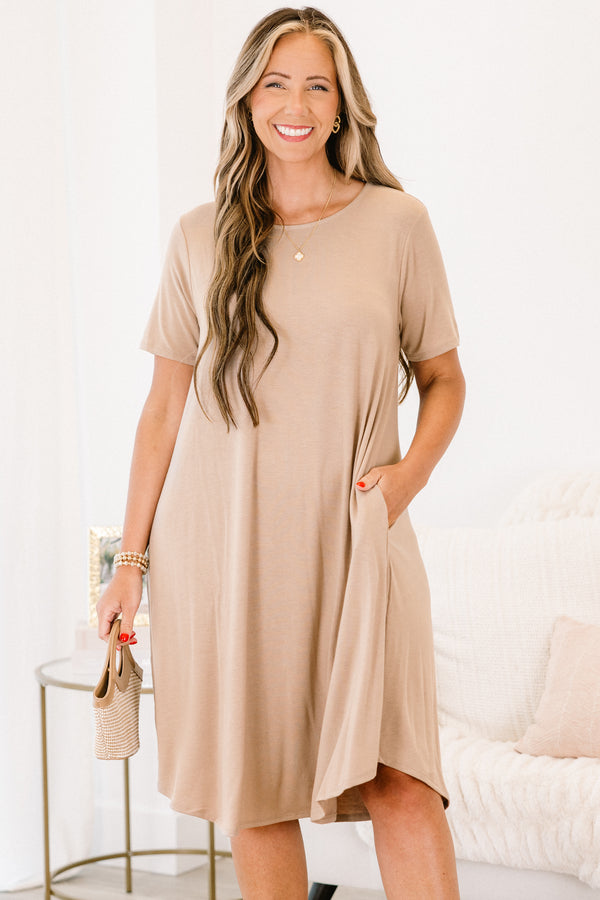 Chic Soul plus size clothing, ash mocha dress with curved hemline and pockets