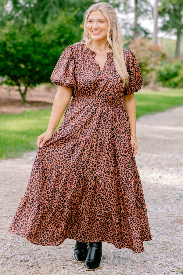 Chic Soul plus size clothing, short bubble sleeve leopard print tiered maxi dress