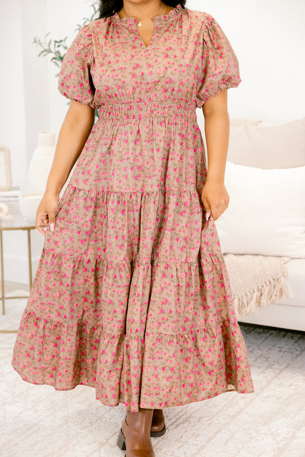 Chic Soul plus size clothing, light mocha brown puff short sleeve maxi dress with pink floral pattern and cinched waist and small v-neckline