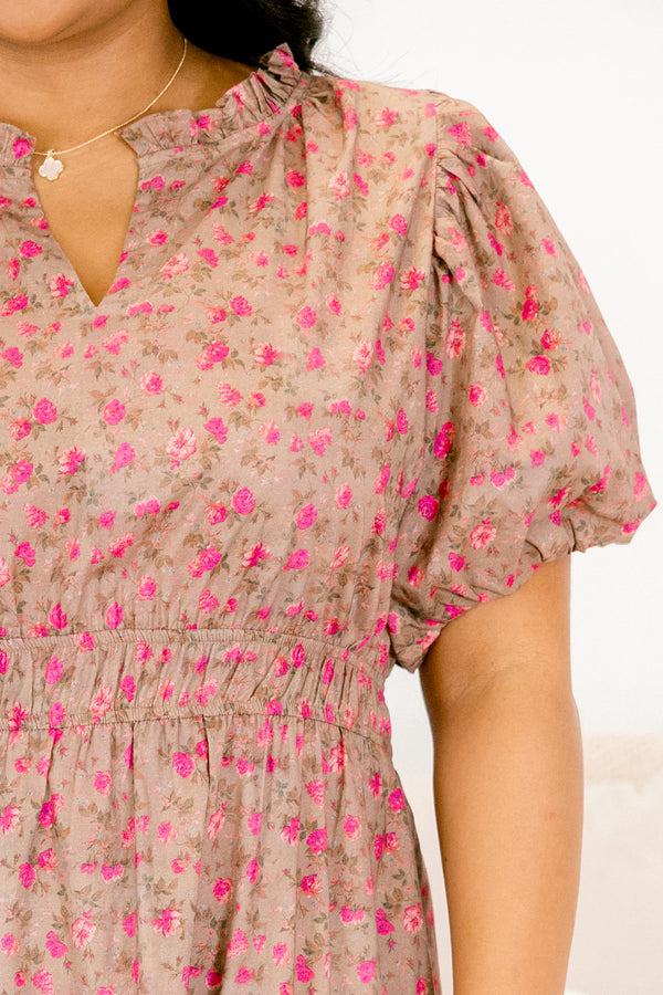Chic Soul plus size clothing, light mocha brown puff short sleeve maxi dress with pink floral pattern and cinched waist and small v-neckline