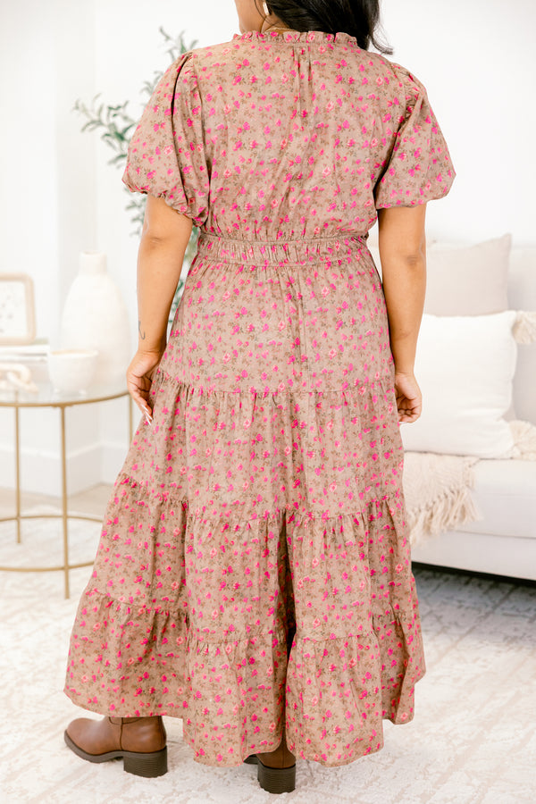 Chic Soul plus size clothing, light mocha brown puff short sleeve maxi dress with pink floral pattern and cinched waist and small v-neckline