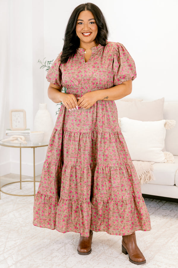 Chic Soul plus size clothing, light mocha brown puff short sleeve maxi dress with pink floral pattern and cinched waist and small v-neckline