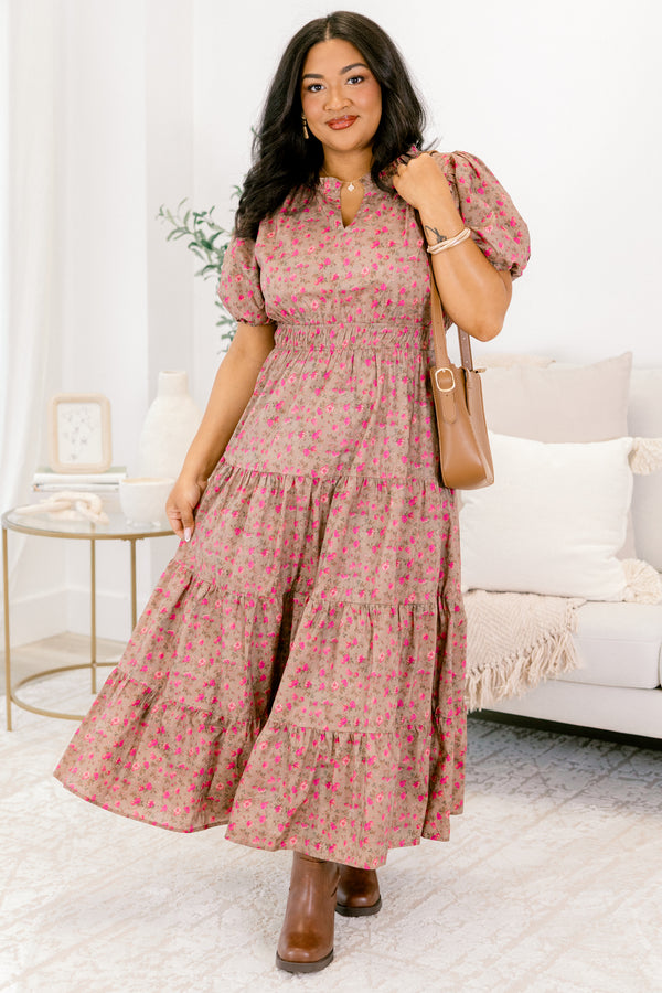 Chic Soul plus size clothing, light mocha brown puff short sleeve maxi dress with pink floral pattern and cinched waist and small v-neckline
