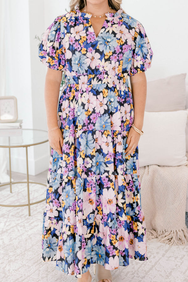 Chic Soul plus size clothing, navy and purple floral puff sleeve tiered maxi dress with v neck cutout and cinched waist 