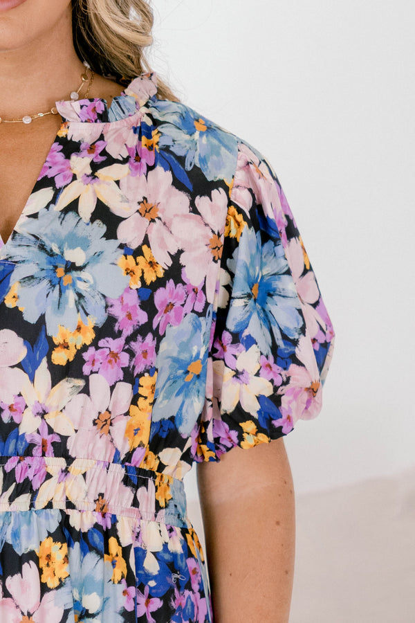 Chic Soul plus size clothing, navy and purple floral puff sleeve tiered maxi dress with v neck cutout and cinched waist 