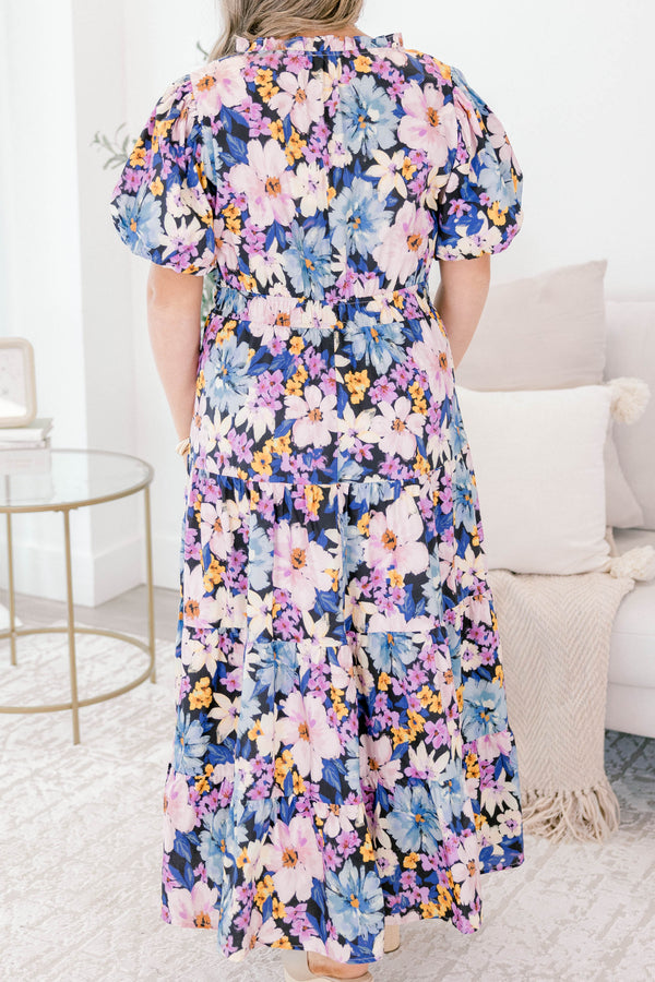 Chic Soul plus size clothing, navy and purple floral puff sleeve tiered maxi dress with v neck cutout and cinched waist 