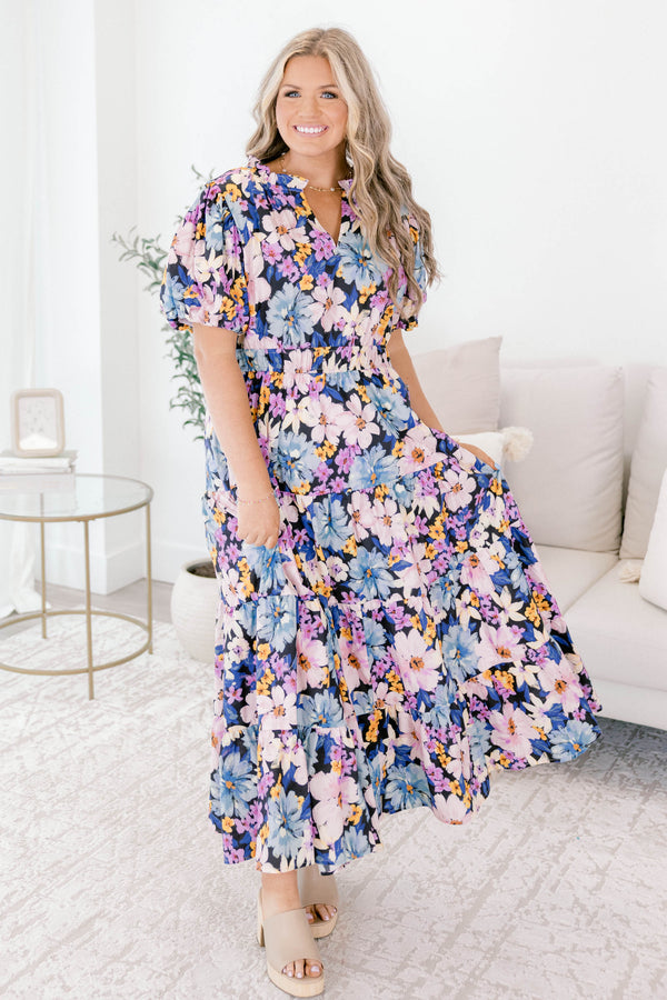Chic Soul plus size clothing, navy and purple floral puff sleeve tiered maxi dress with v neck cutout and cinched waist 