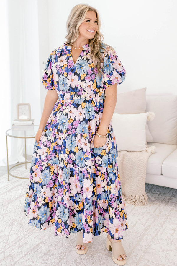 Chic Soul plus size clothing, navy and purple floral puff sleeve tiered maxi dress with v neck cutout and cinched waist 