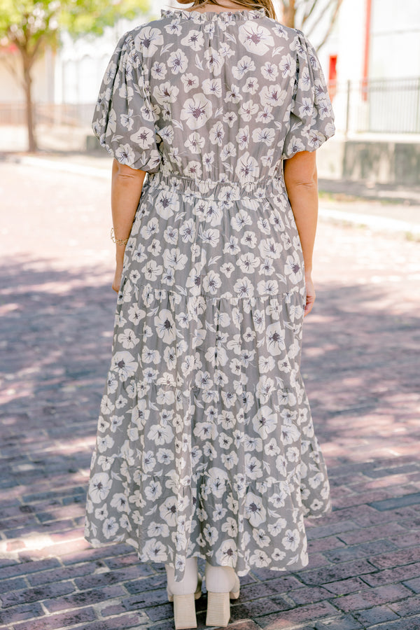 Chic Soul plus size clothing, stone tiered maxi dress with a white floral pattern bubble sleeves and a slight v-neckline