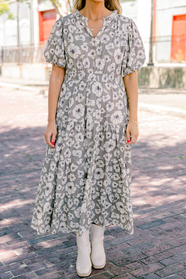 Chic Soul plus size clothing, stone tiered maxi dress with a white floral pattern bubble sleeves and a slight v-neckline