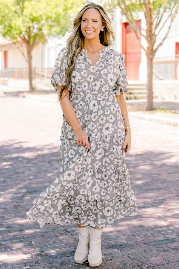 Chic Soul plus size clothing, stone tiered maxi dress with a white floral pattern bubble sleeves and a slight v-neckline