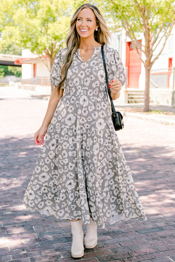 Chic Soul plus size clothing, stone tiered maxi dress with a white floral pattern bubble sleeves and a slight v-neckline