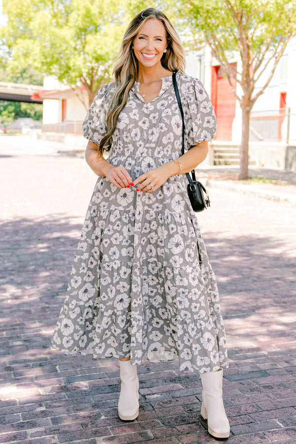 Chic Soul plus size clothing, stone tiered maxi dress with a white floral pattern bubble sleeves and a slight v-neckline
