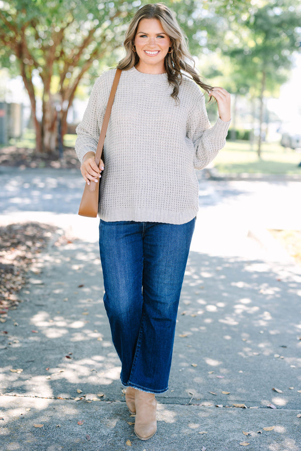 Chic Soul plus size clothing, heather beige waffle knit sweater with crew neck