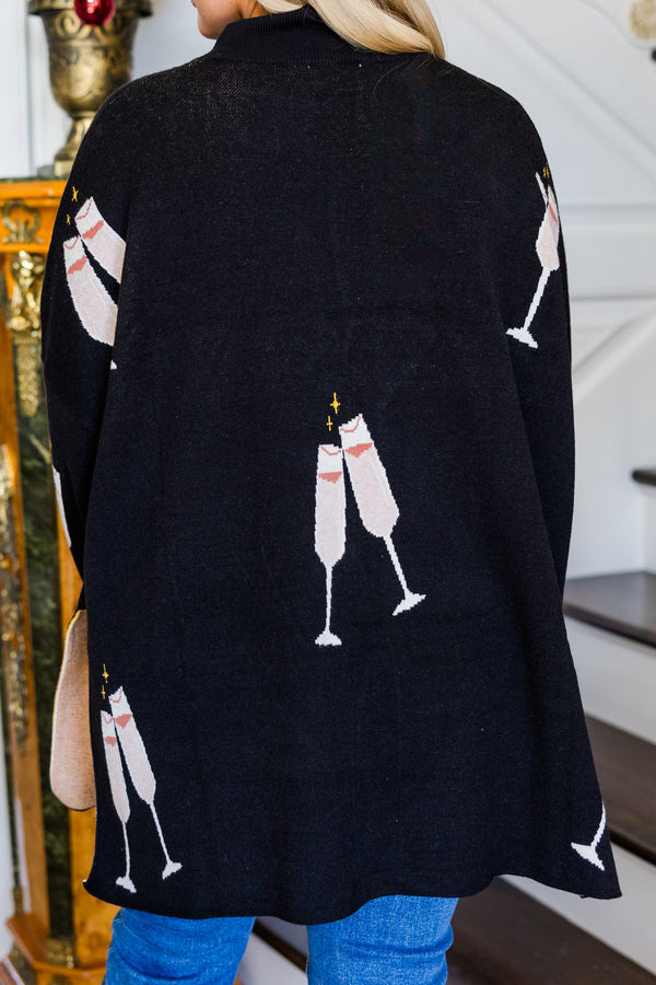 Chic Soul plus size clothing, long-sleeve black sweater with turtle-neckline and knit champagne flute pattern scattered across sweater