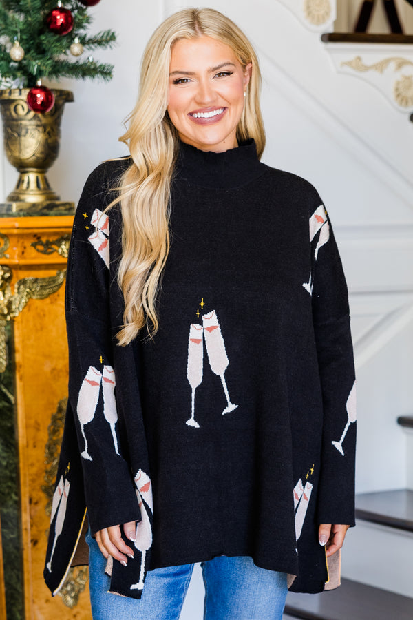 Chic Soul plus size clothing, long-sleeve black sweater with turtle-neckline and knit champagne flute pattern scattered across sweater