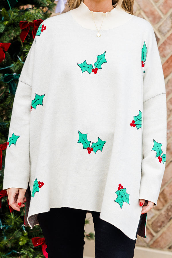 Chic Soul plus size clothing, cream long sleeve knit sweater with mock neck detail with slit on each side with holly leaf and berry detailing