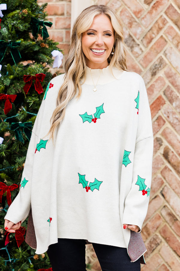 Chic Soul plus size clothing, cream long sleeve knit sweater with mock neck detail with slit on each side with holly leaf and berry detailing