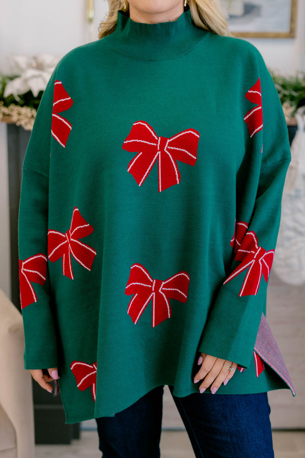 Chic Soul plus size clothing dark green mock neck tunic sweater with red bows
