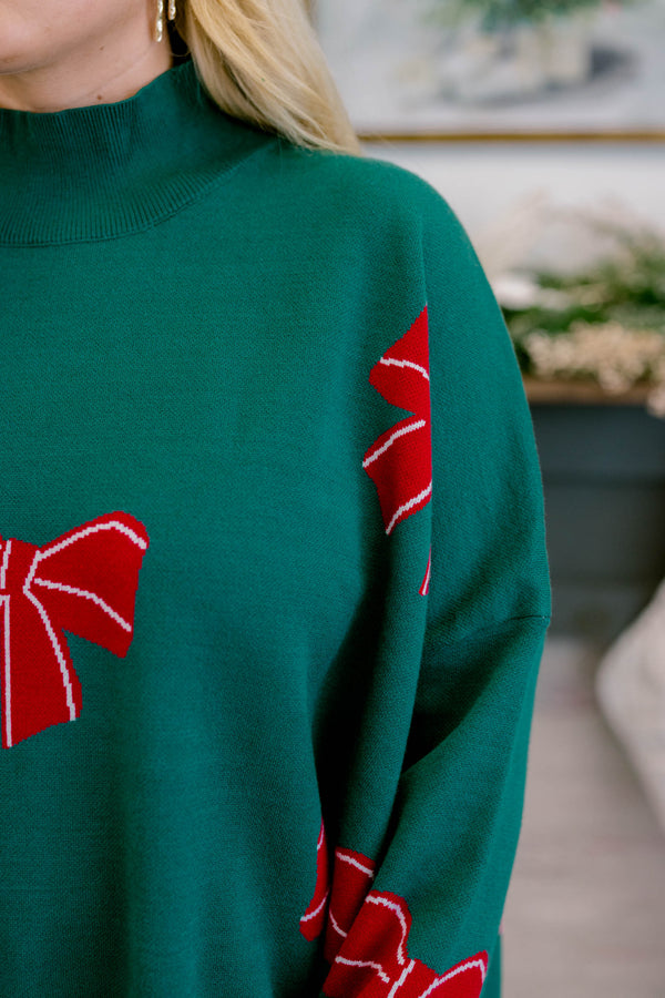 Chic Soul plus size clothing dark green mock neck tunic sweater with red bows