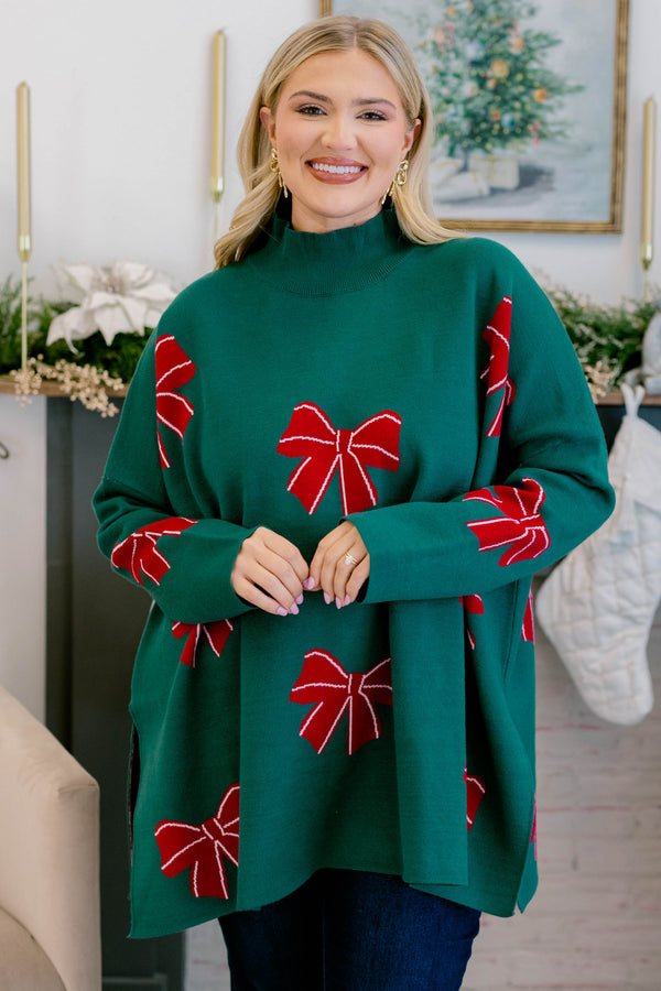 Chic Soul plus size clothing dark green mock neck tunic sweater with red bows