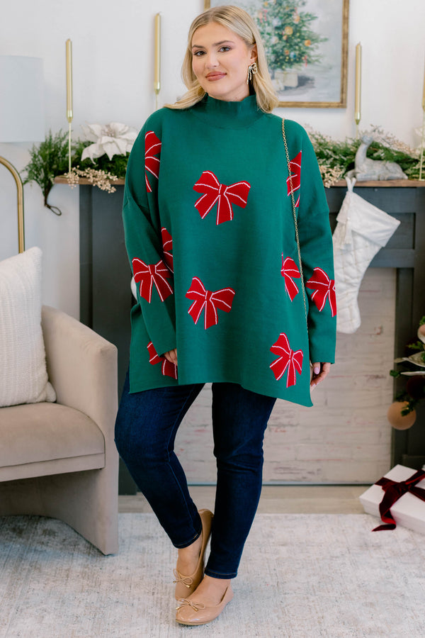 Chic Soul plus size clothing dark green mock neck tunic sweater with red bows