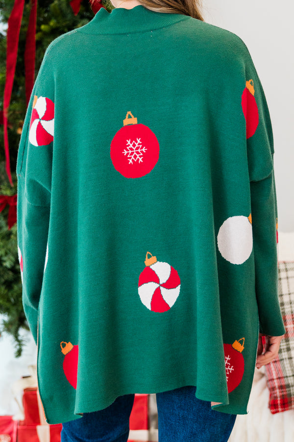 Chic Soul plus size clothing, green long sleeve knit sweater with mock neckline with red and white ornament pattern detailing