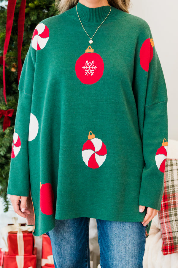 Chic Soul plus size clothing, green long sleeve knit sweater with mock neckline with red and white ornament pattern detailing
