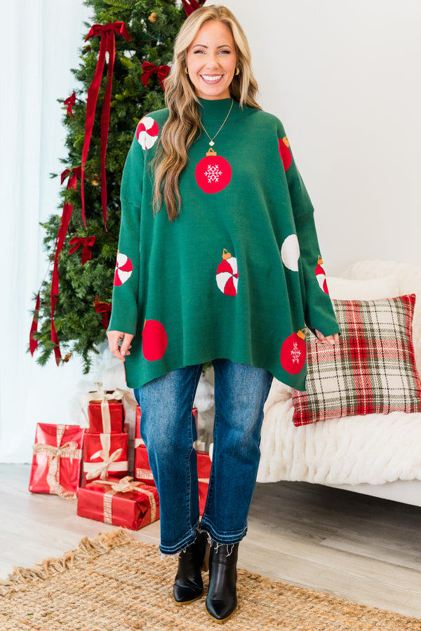 Chic Soul plus size clothing, green long sleeve knit sweater with mock neckline with red and white ornament pattern detailing