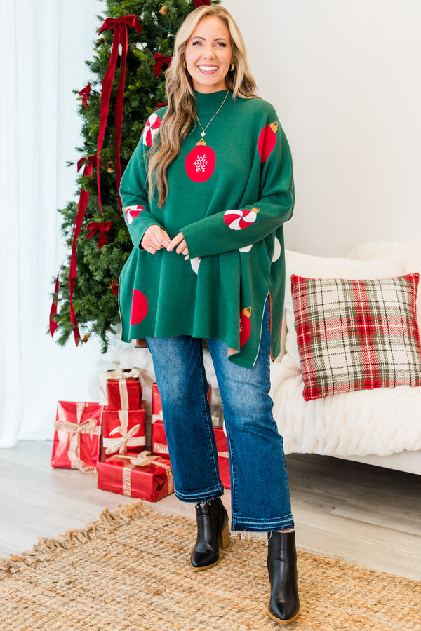 Chic Soul plus size clothing, green long sleeve knit sweater with mock neckline with red and white ornament pattern detailing