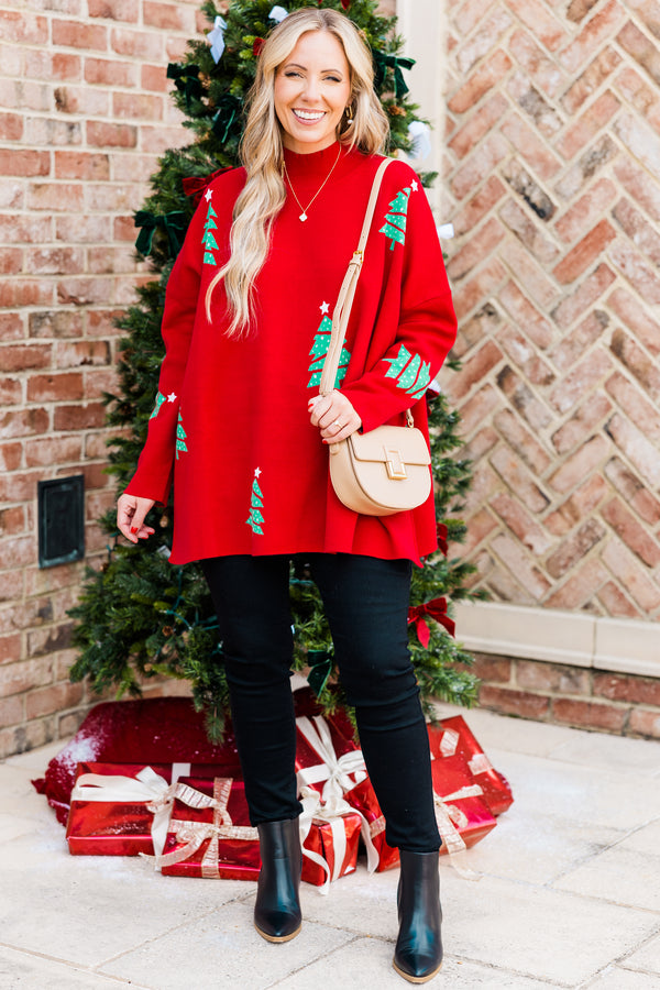 Chic Soul plus size clothing, red long sleeve knit sweater with mock neckline and slits on each side with green christmas tree detailing