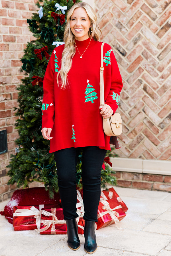 Chic Soul plus size clothing, red long sleeve knit sweater with mock neckline and slits on each side with green christmas tree detailing