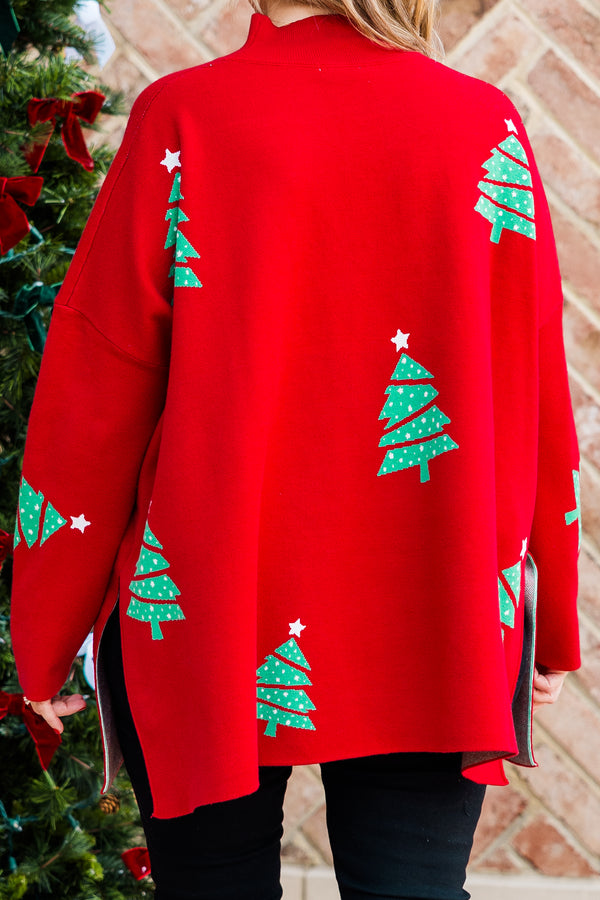 Chic Soul plus size clothing, red long sleeve knit sweater with mock neckline and slits on each side with green christmas tree detailing