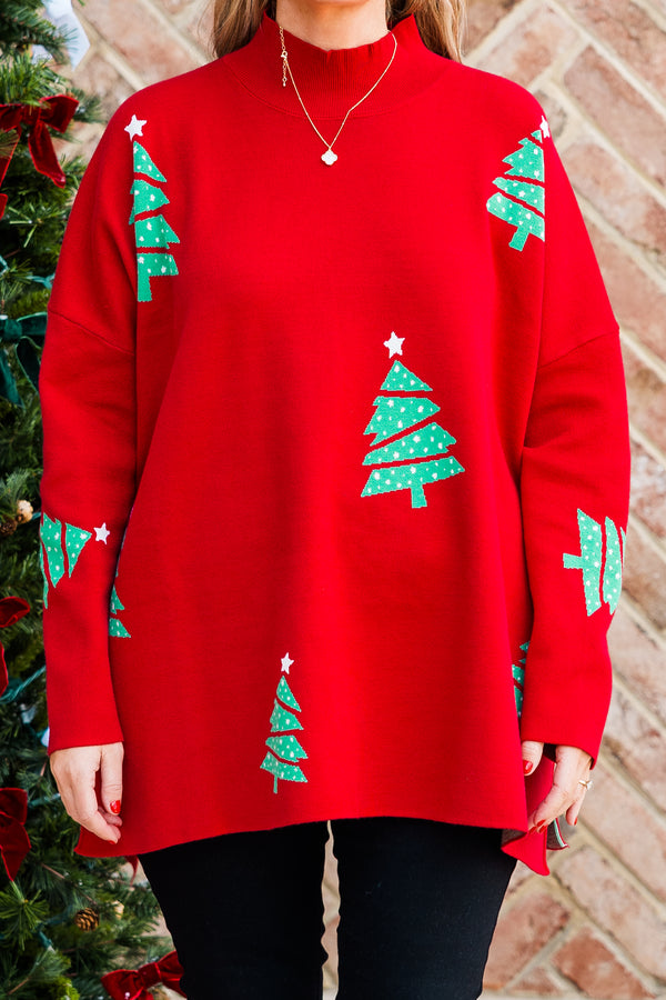 Chic Soul plus size clothing, red long sleeve knit sweater with mock neckline and slits on each side with green christmas tree detailing