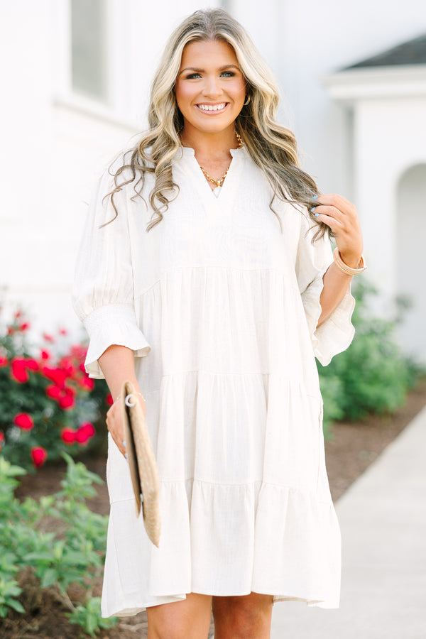 Chic Soul plus size clothing, long sleeve oatmeal babydoll dress with bell sleeves