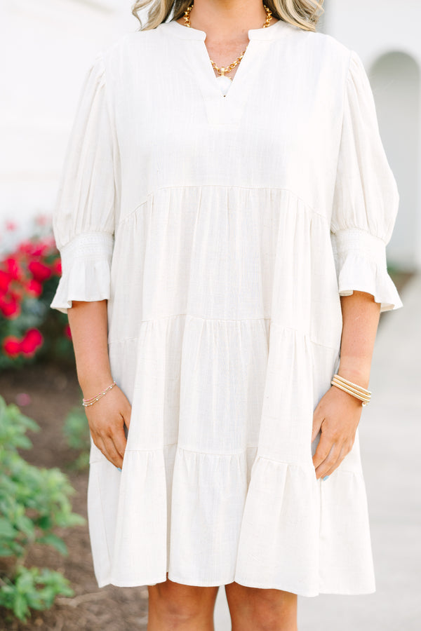 Chic Soul plus size clothing, long sleeve oatmeal babydoll dress with bell sleeves