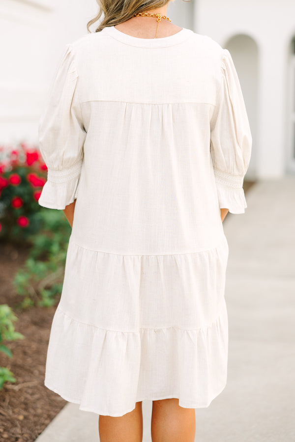 Chic Soul plus size clothing, long sleeve oatmeal babydoll dress with bell sleeves