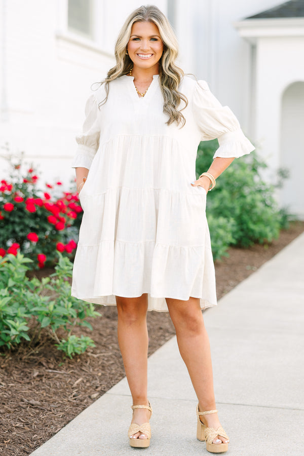 Chic Soul plus size clothing, long sleeve oatmeal babydoll dress with bell sleeves