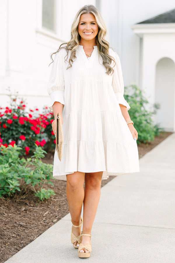 Chic Soul plus size clothing, long sleeve oatmeal babydoll dress with bell sleeves