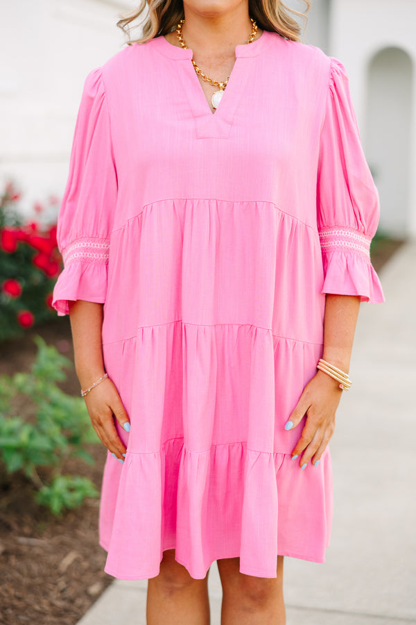 Chic Soul plus size clothing, pink long sleeve babydoll dress with bell sleeves