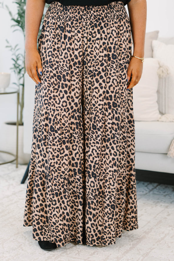 Plus Size wide-leg tiered pants in a dark leopard print with a smocked elastic waistband.