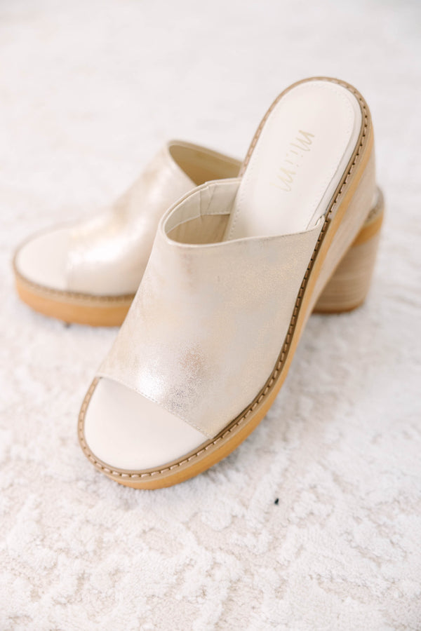 Plus Size gold metallic open-toe wedge sandals with a thick platform and wooden-style heel.