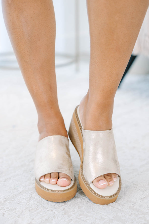 Plus Size gold metallic open-toe wedge sandals with a thick platform and wooden-style heel.