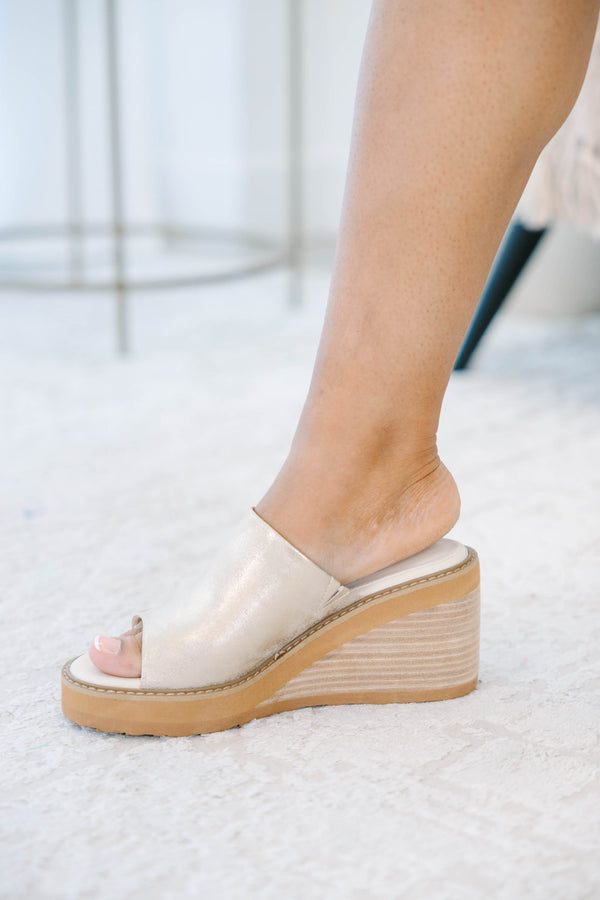 Plus Size gold metallic open-toe wedge sandals with a thick platform and wooden-style heel.