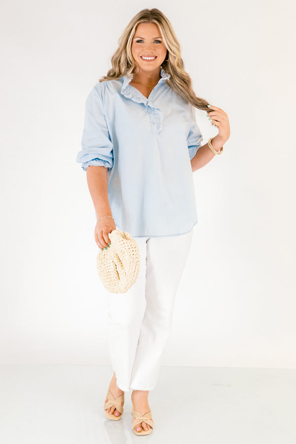 Chic Soul plus size clothing, blue mid sleeve top with ruffle collar and cinching at the sleeves