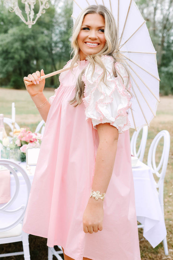 Chic Soul plus size clothing, light pink baby doll dress with white puff ruffle sleeves and ruffle high neck collar